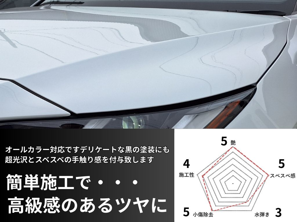 ポリテックスSP
オールカラー対応でデリケートな黒の塗装にも超光沢とスベスベの手触り感を付与いたします
簡単施工で高級感のあるツヤに